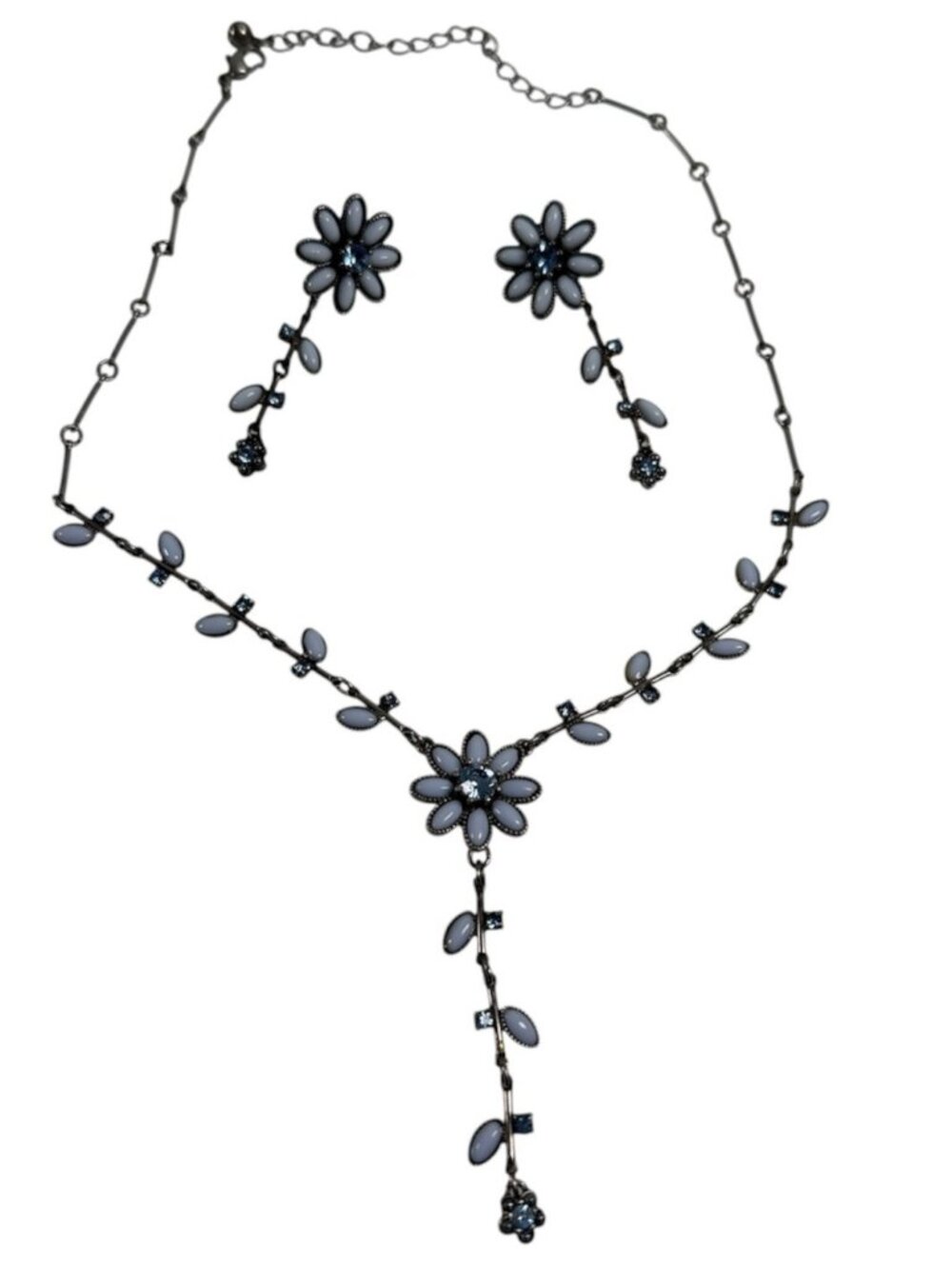 Vintage Avon Nina Ricci Blue Flower Rhinestones Necklace Earrings Set